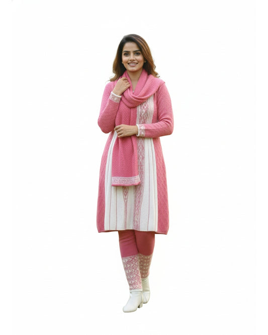 Full Sleeve Knee Length Hair Wool Fabric Pink Color 3 PC Kurti Set For Women