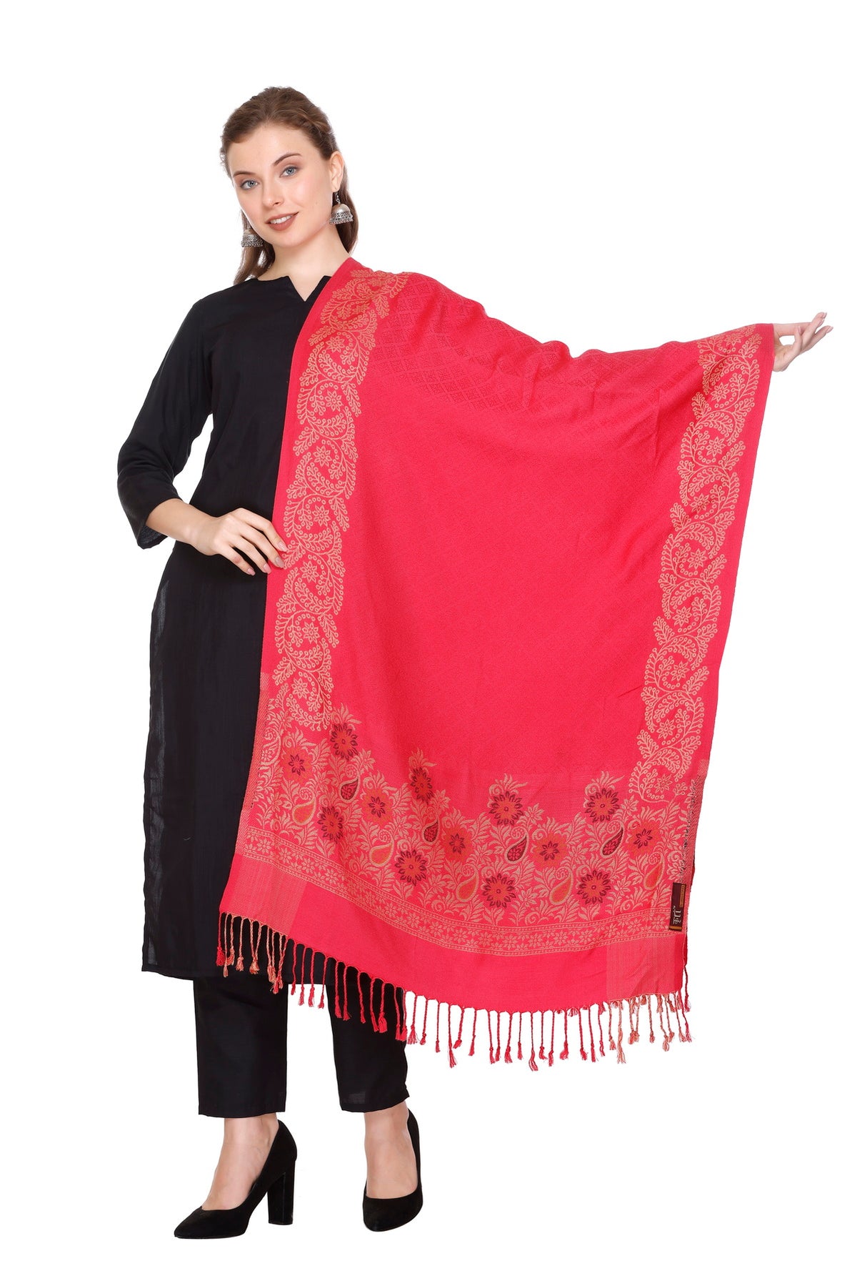 Floral Border Woollen Color Stole - Carrot