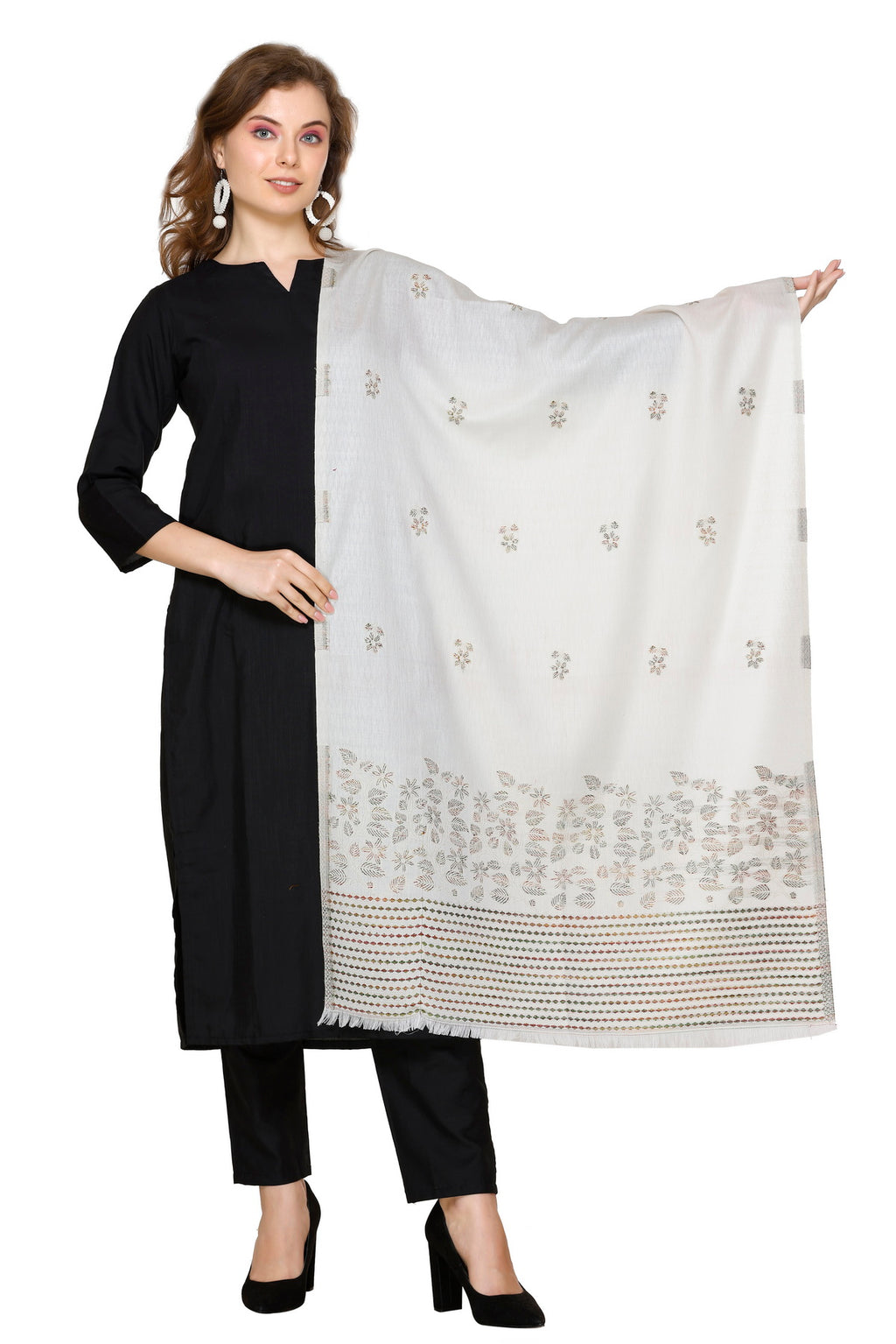 KRITI Floral Border Woollen White Color Stole For Girl