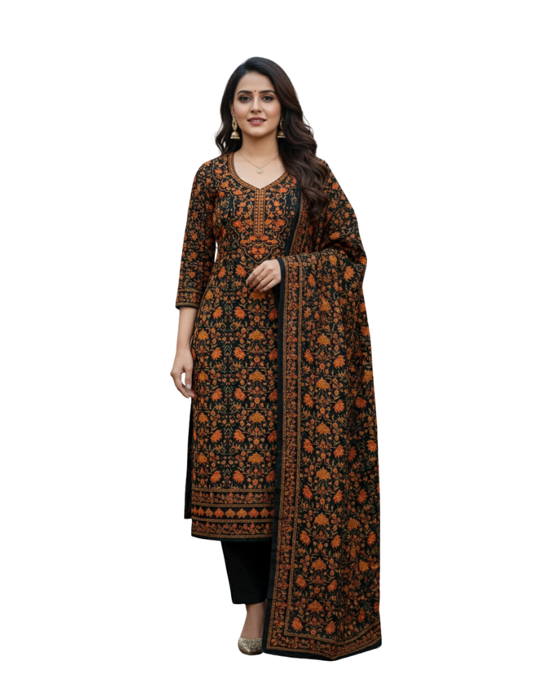 KRITI महिलाओं के लिए फ्लोरल डिज़ाइन ऊनी काला नारंगी रंग का अनस्टिच्ड फ़ैब्रिक सूट सेट विंटरवियर 