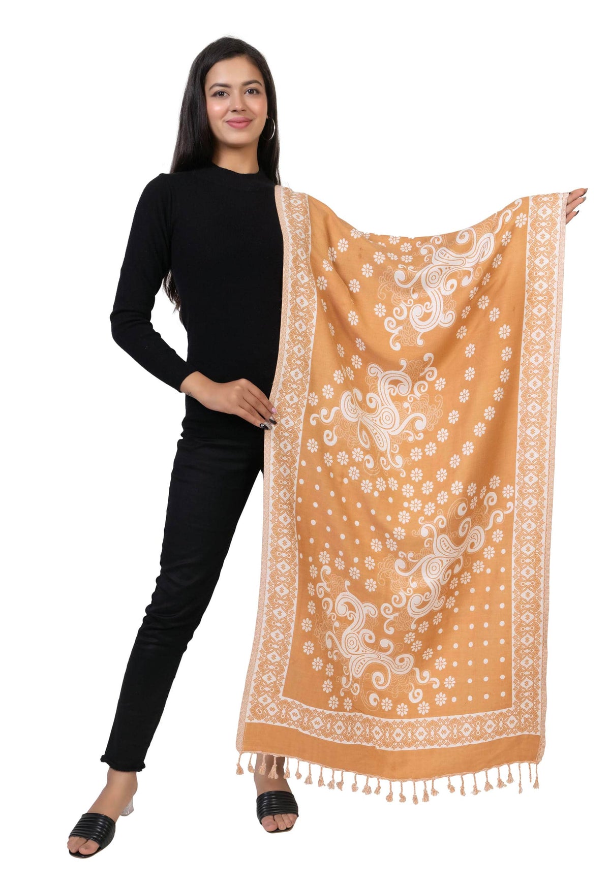 Floral Designer Woolen Stole - Camel