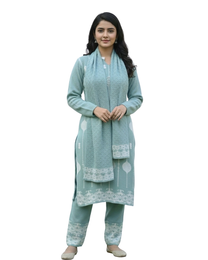 KRITI Wool Blend 3-Piece Embroidered  Kurti Set for Women | Warm Knitted Kurti Lower & Stole Dupatta | Winter Indian Ethnic Wear Suit | M to XXL |