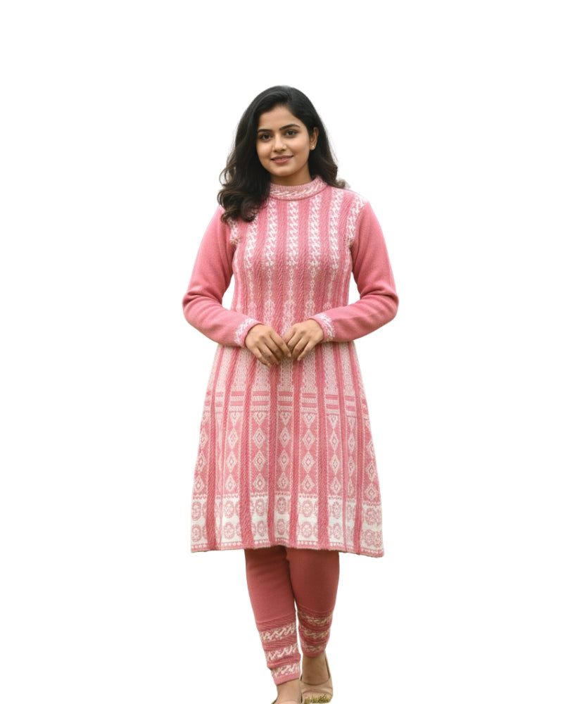 KRITI बुना हुआ ऊनी फ्रॉक कुर्ता सेट | बॉटम वियर के साथ 2-पीस विंटर कुर्ती 