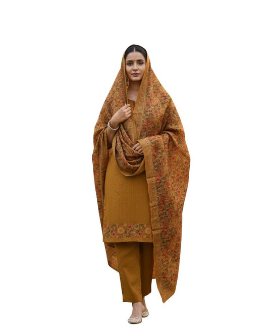 KRITI महिलाओं के लिए डिजिटल प्रिंट ऊनी सरसों रंग का अनस्टिच्ड फ़ैब्रिक सूट सेट विंटरवियर 