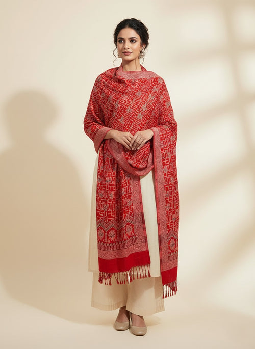 Border Design Woolen Winter Stole - Red