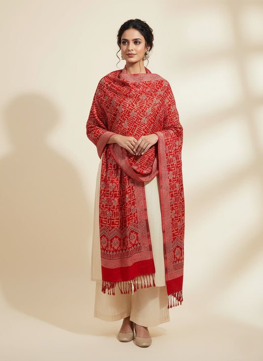 KRITI Border Design Woolen Red Color Stole For Girl