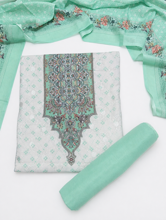 Designer Printed Cotton Unstitched Summer Suit - Green