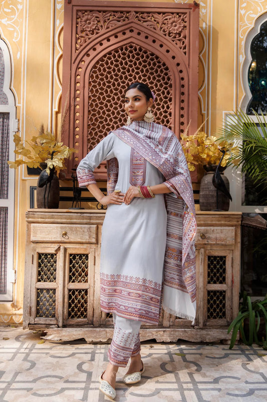KRITI Cotton Silk Unstitched Salwar Suit with Tribal Print Dupatta for Women