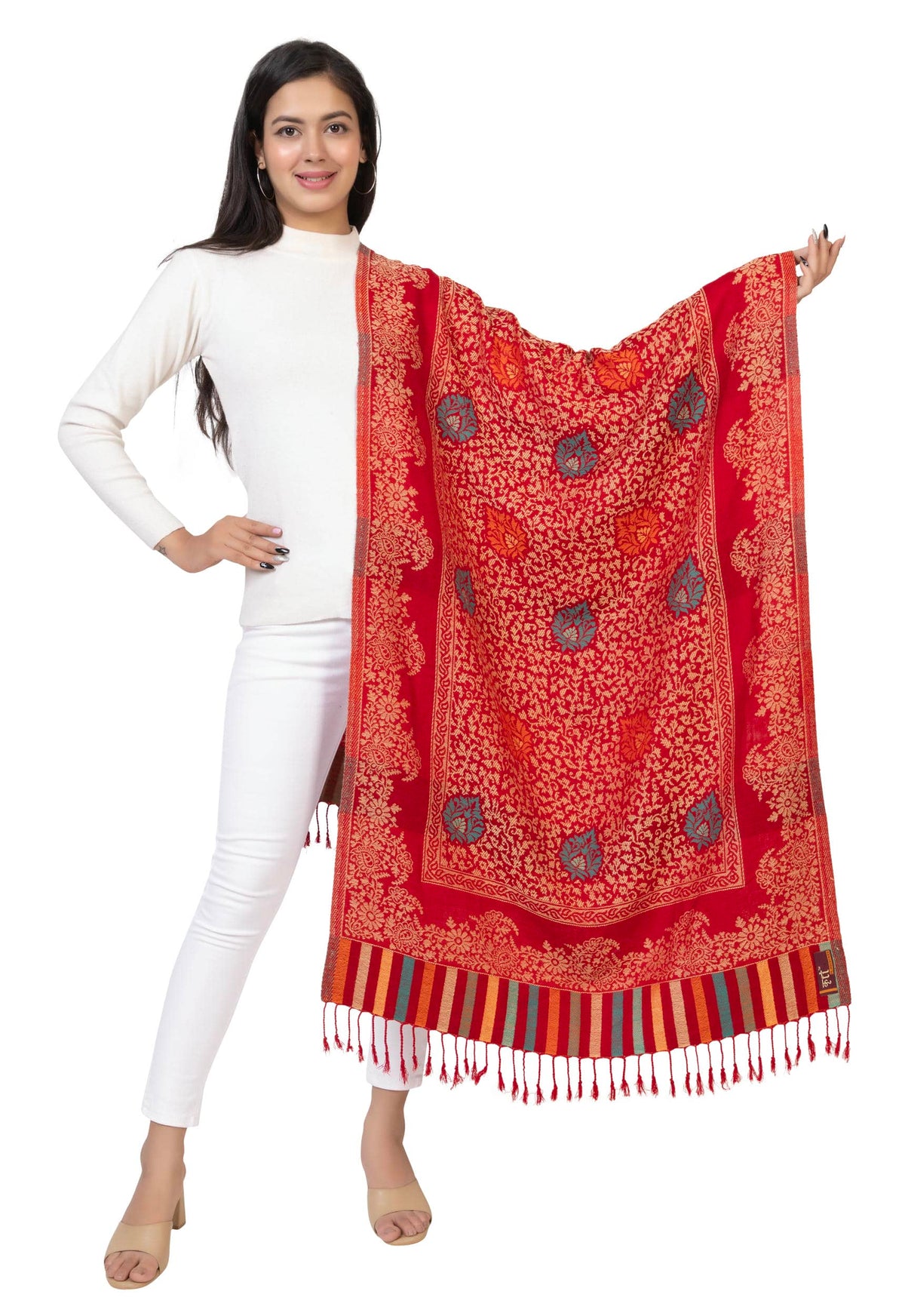 Floral Patterned Woolen Stole For Girl- Red