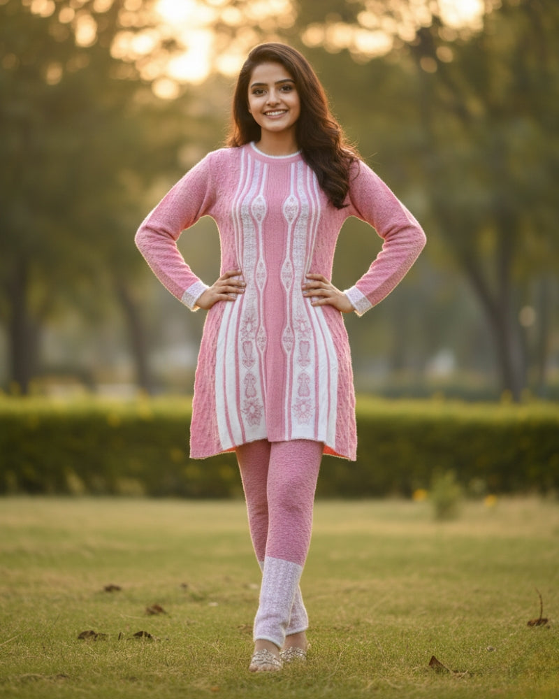 Full Sleeve Knee Length Woolen Fabric Peach Color 3 PC Kurti Set For Women