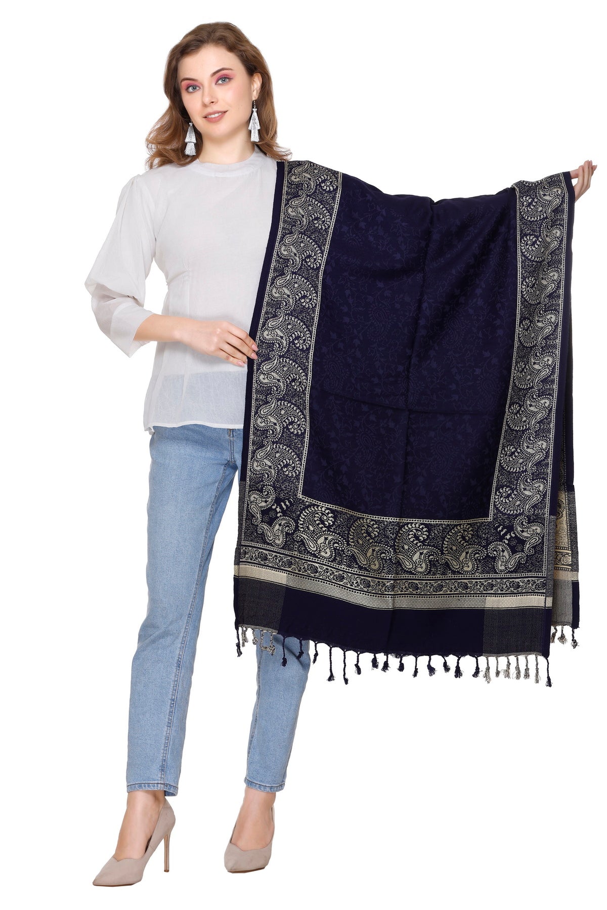 Navy Blue Designer Jacquard Border Stole