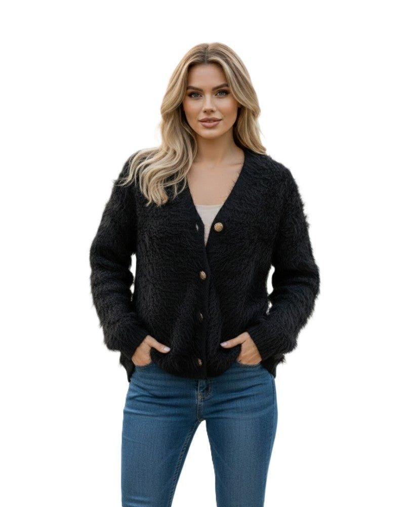 Women's Open Front Woolen Fluffy Top | Black Oversized Fuzzy Shaggy Top | Long Sleeve & Loose Fit