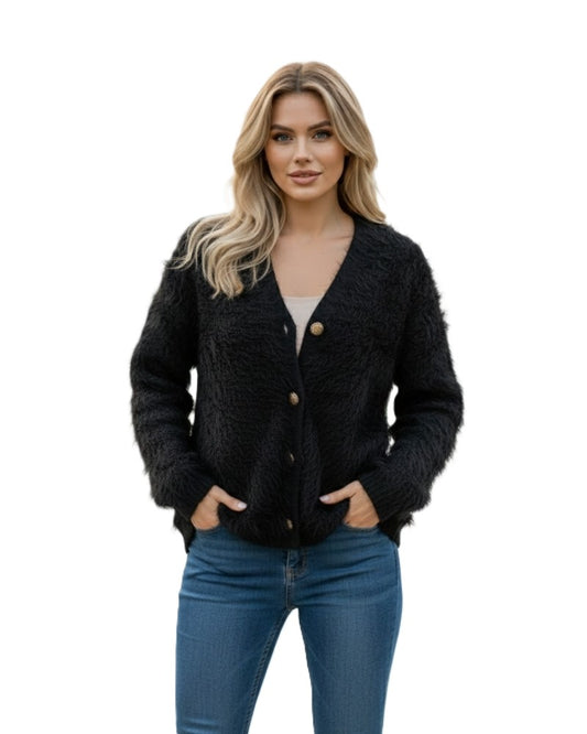 Women's Open Front Woolen Fluffy Top | Black Oversized Fuzzy Shaggy Top | Long Sleeve & Loose Fit