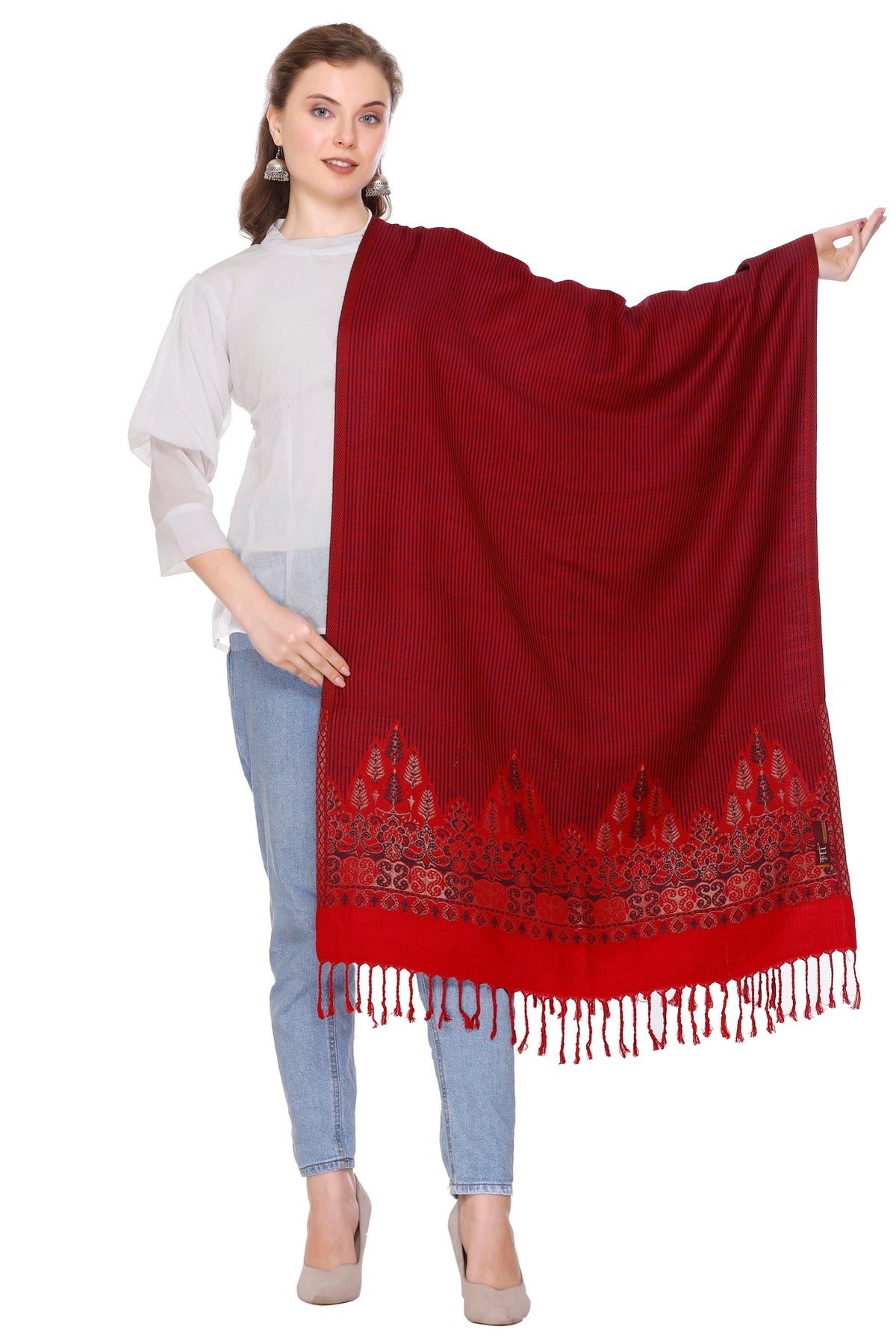 Woven Border Woollen Stole - Maroon