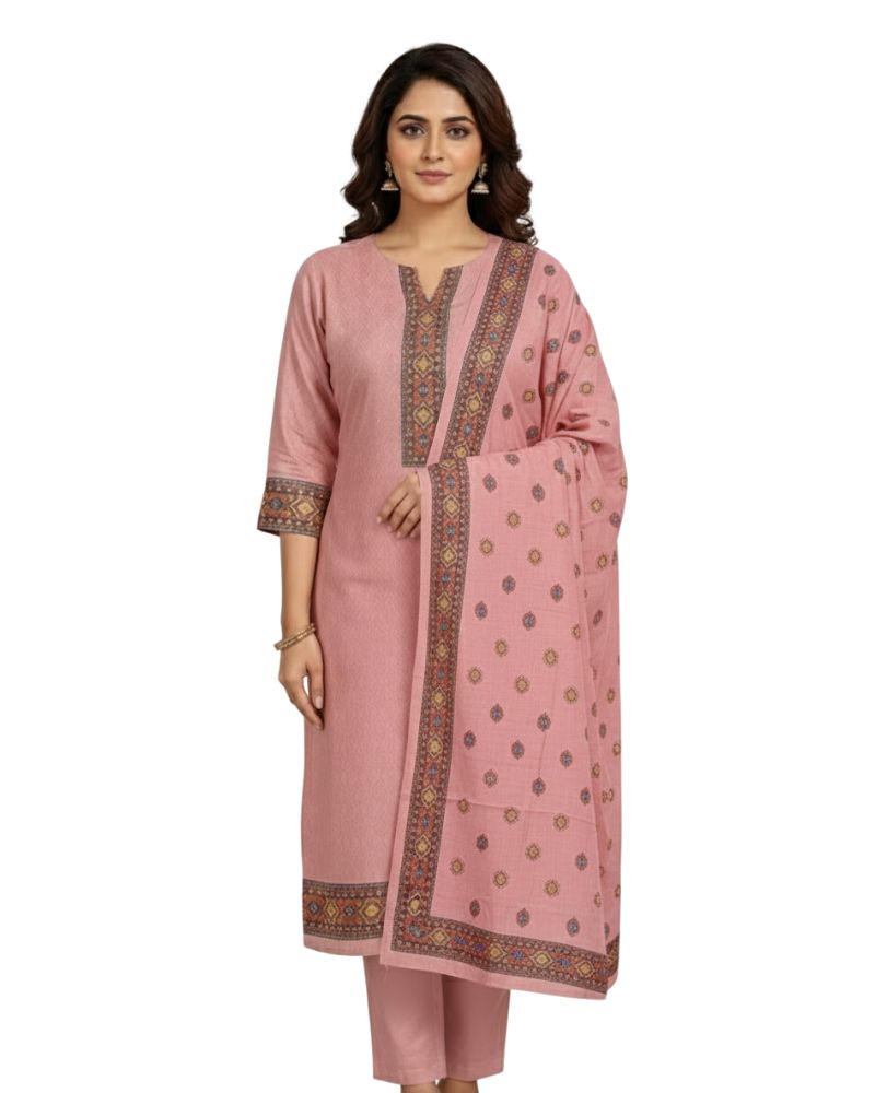 KRITI महिलाओं के लिए डिजिटल प्रिंट ऊनी गुलाबी रंग का अनस्टिच्ड फ़ैब्रिक सूट सेट विंटरवियर 