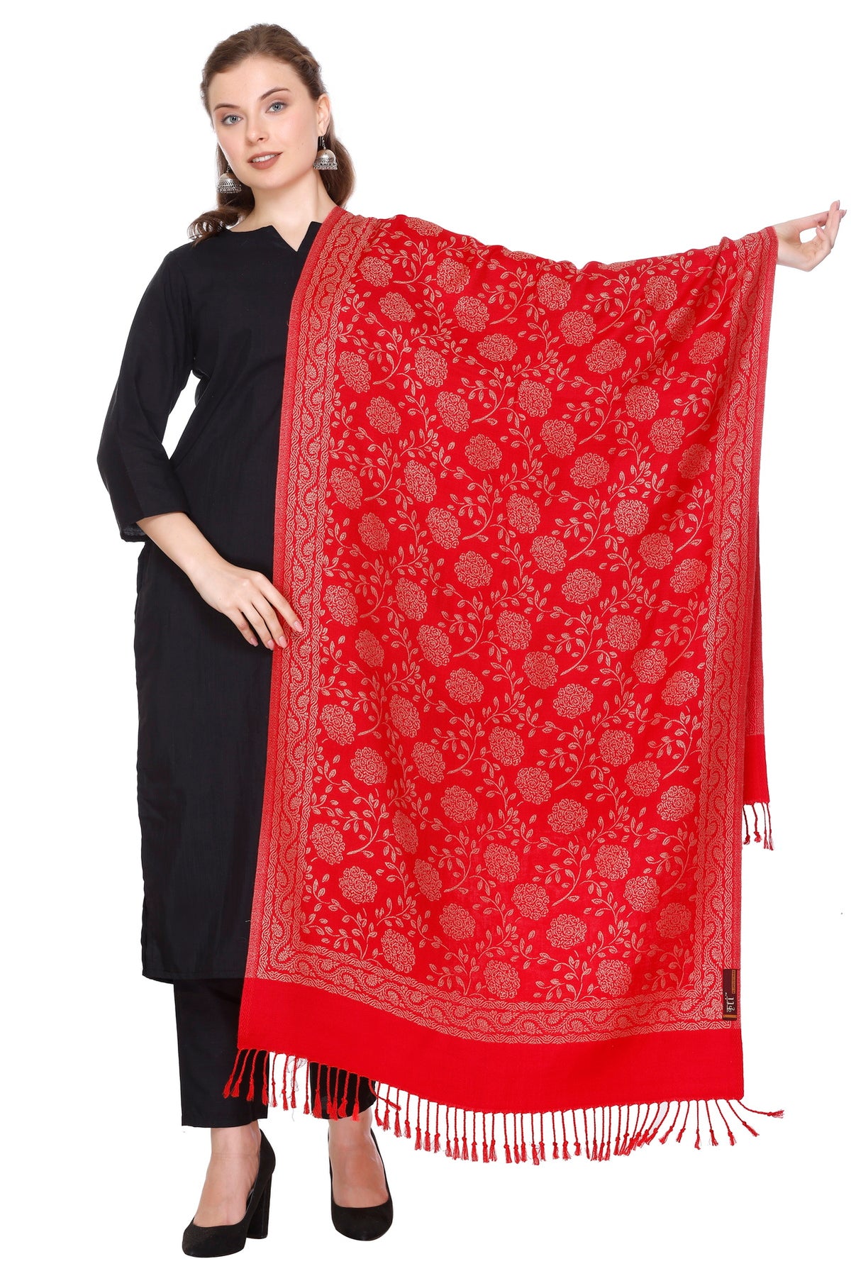 Floral Pattern Woollen Winter Stole - Red