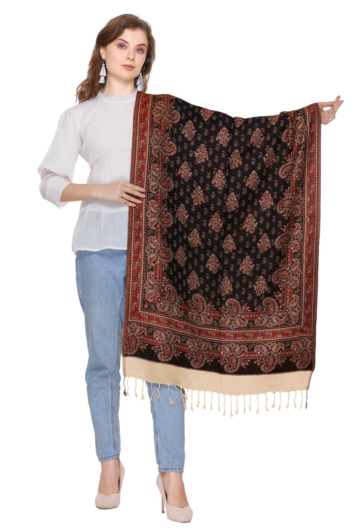 KRITI Kashmiri Design Woollen Black Color Stole For Girl