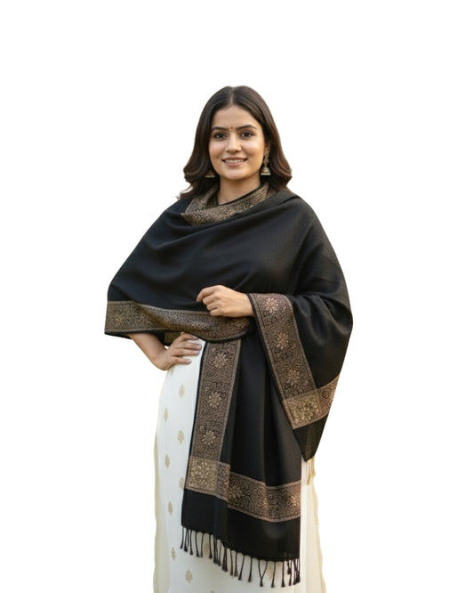 KRITI Border Design Warm Woolen Black Color Shawl for Women