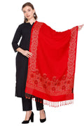 Floral Border Woollen Stole - Red
