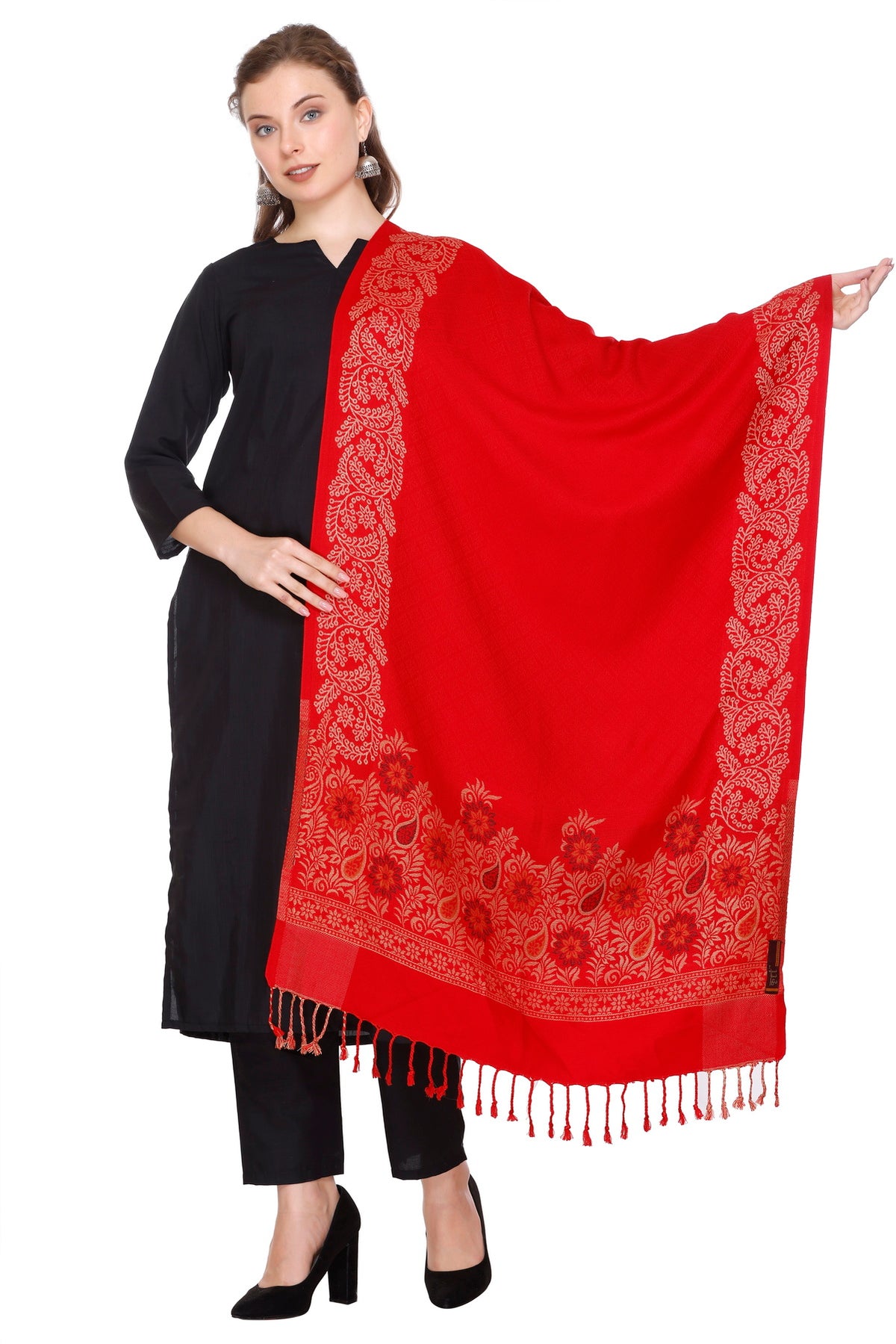Floral Border Woollen Stole - Red