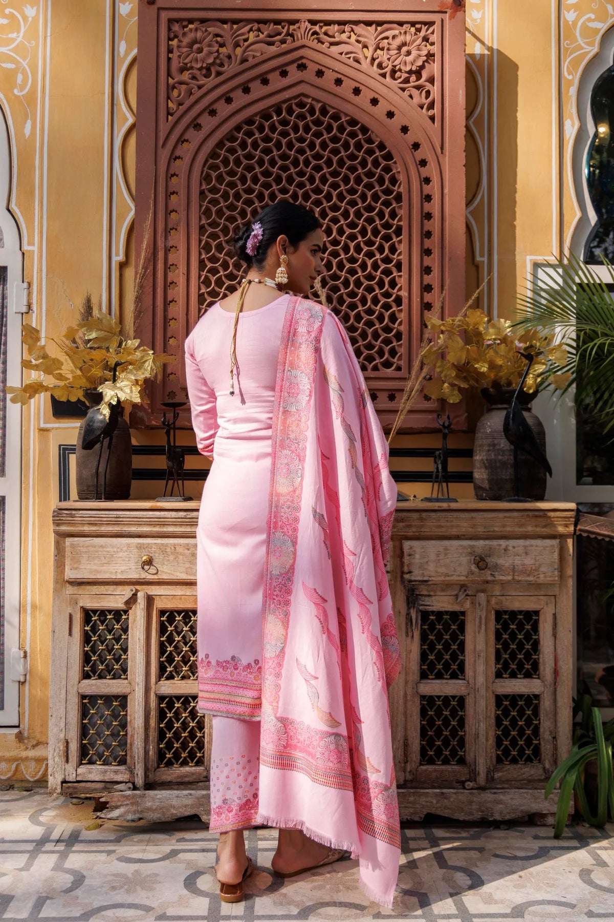 Cotton Silk Pant Suit 3 Pcs- Pink