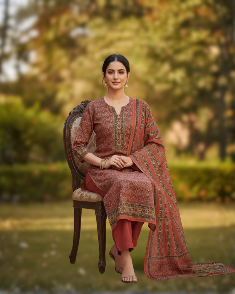 Winter Woolen Unstitched Suit - Red