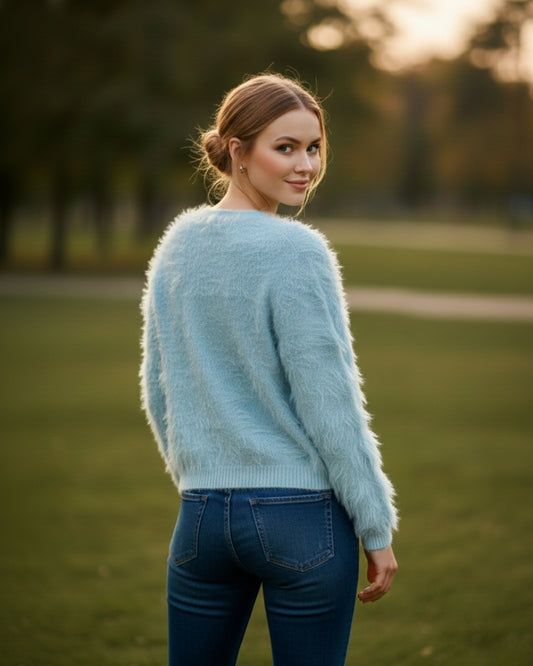 Women's Open Front Woolen Fluffy Top | Sky Blue Oversized Fuzzy Shaggy Top | Long Sleeve & Loose Fit