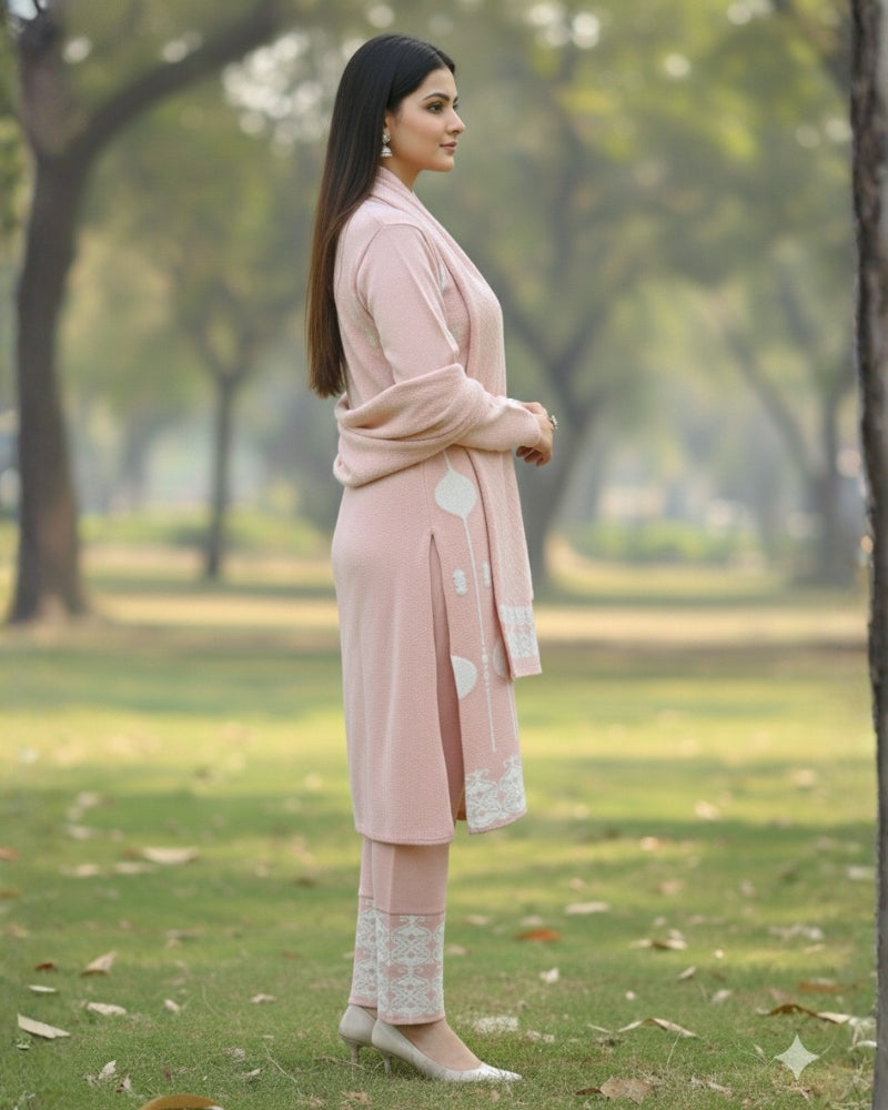 महिलाओं के लिए KRITI ऊनी 3 पीस कुर्ती सेट हल्के गुलाबी रंग