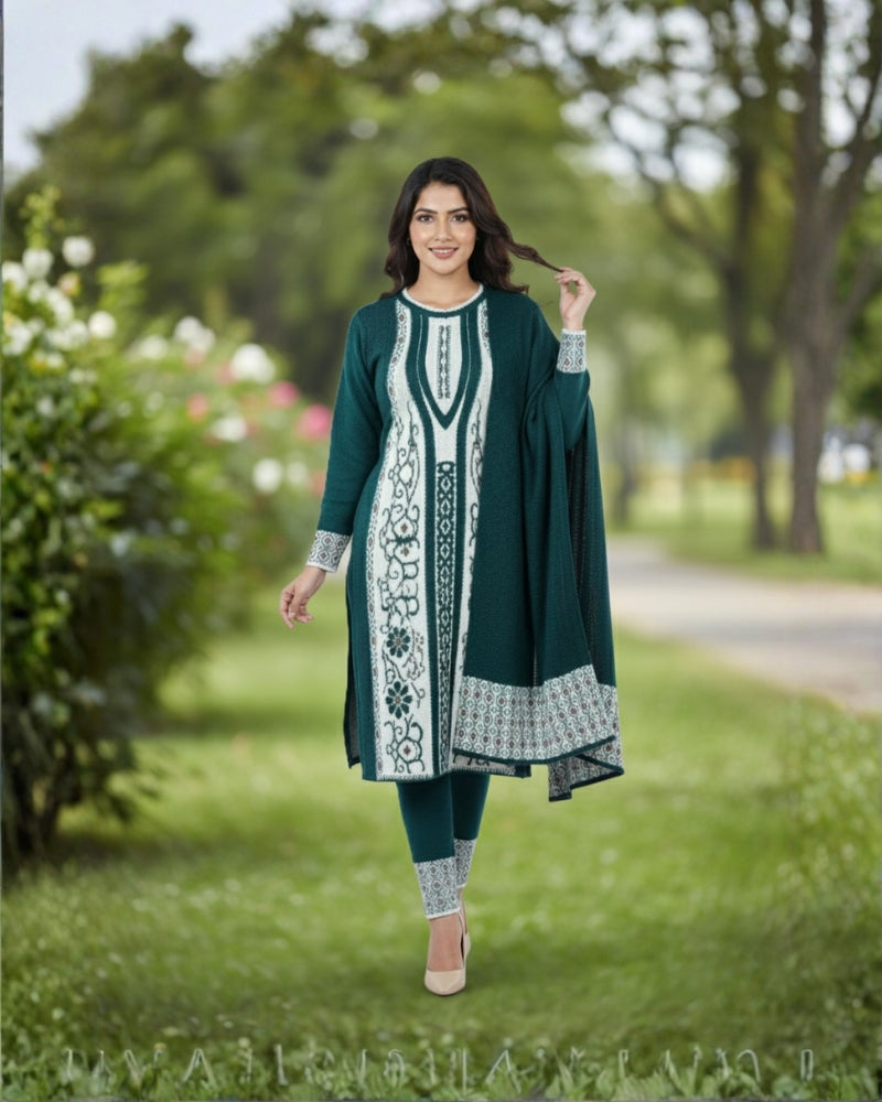 KRITI Winter Embroidery 3 Piece Kurti Set Bottle Green Color For Women
