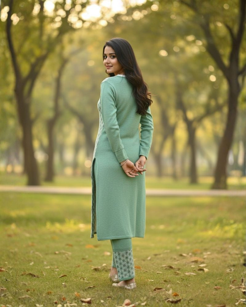 प्रीमियम 3-पीस ऊनी विंटर कुर्ती सेट | बॉटम और स्टोल के साथ बुना हुआ कुर्ता | M-XXL साइज़