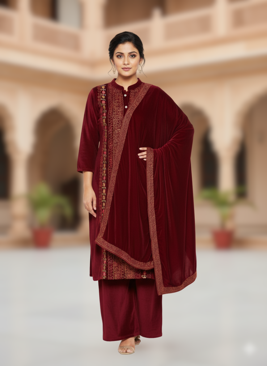 KRITI विंटर वेलवेट 3 पीस कढ़ाई वाली कुर्ती सेट मैरून रंग महिलाओं के लिए