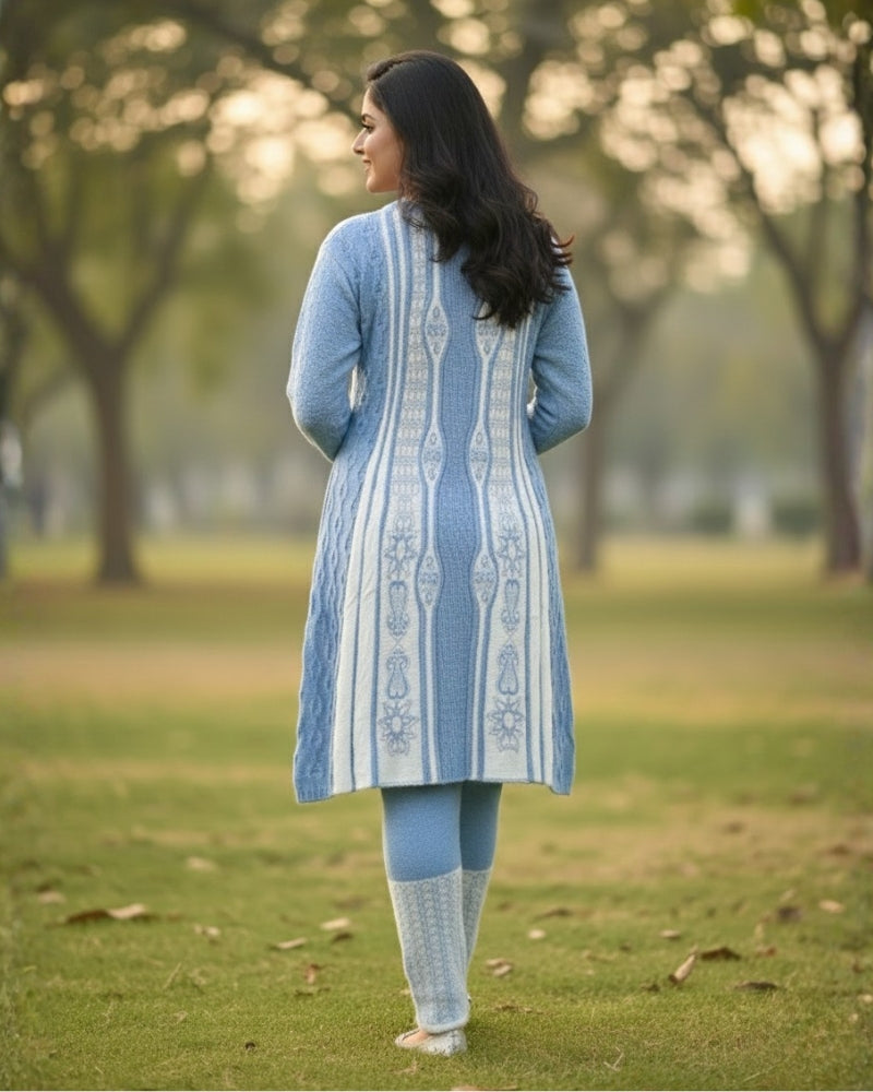 Full Sleeve Knee Length Woolen Fabric SkyBlue Color 3 PC Kurti Set For Women