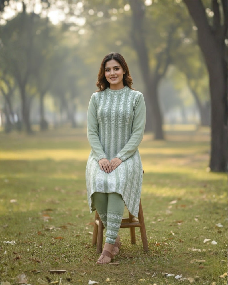 KRITI बुना हुआ ऊनी फ्रॉक कुर्ता सेट | बॉटम वियर के साथ 2-पीस विंटर कुर्ती 