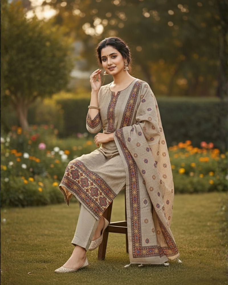 KRITI महिलाओं के लिए डिजिटल प्रिंट ऊनी कैमल रंग का अनस्टिच्ड फ़ैब्रिक सूट सेट विंटरवियर 