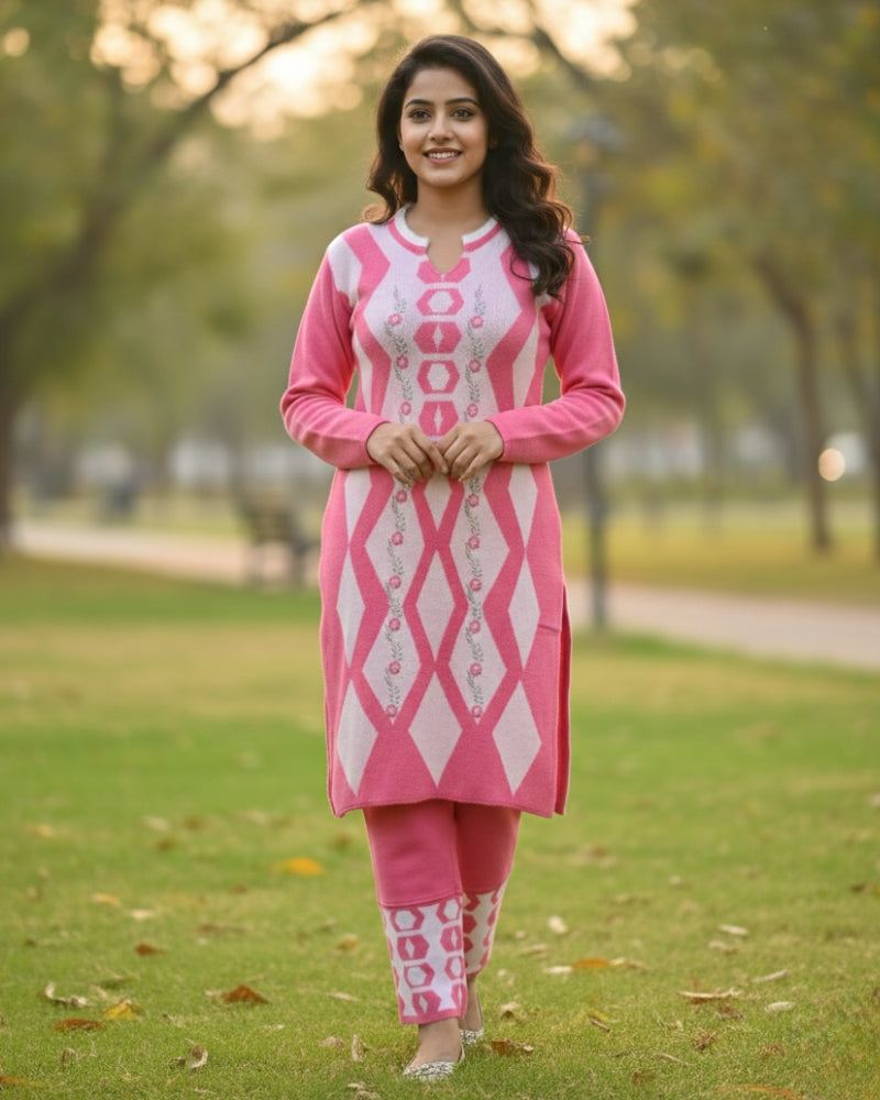 Women's Geometric Print Pink Color Woolen Kurti Set  | Warm Winter 3-Piece Suit