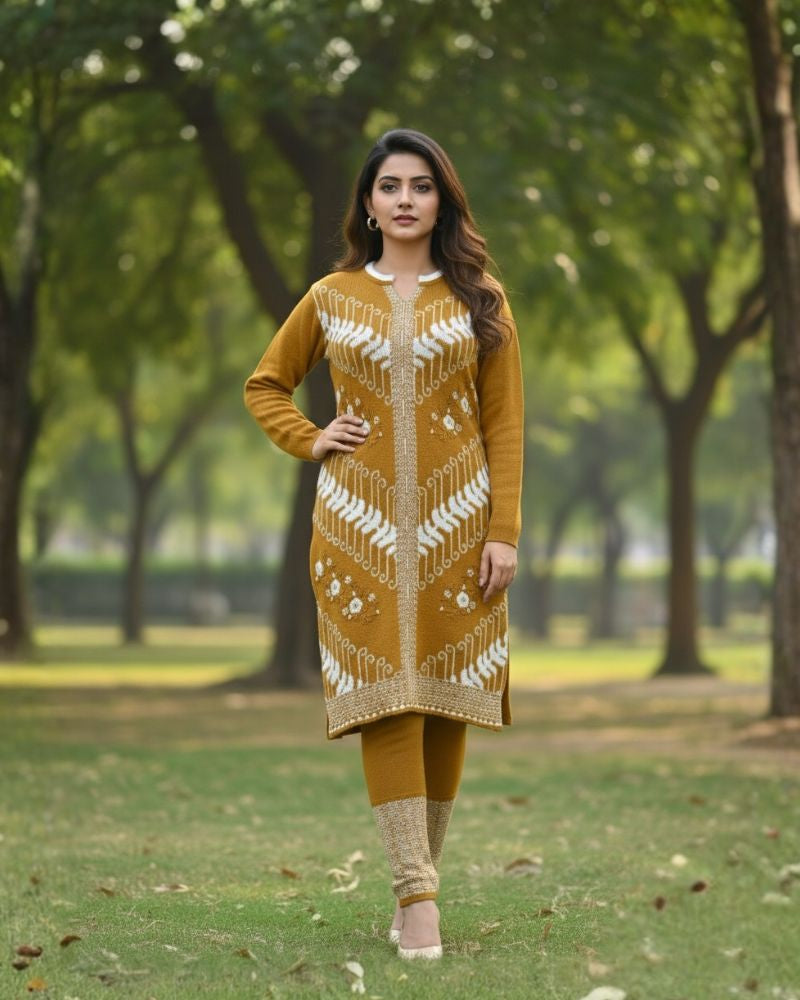 प्रीमियम 3-पीस ऊनी विंटर कुर्ती सेट | बॉटम और स्टोल के साथ बुना हुआ कुर्ता | M-XXL साइज़