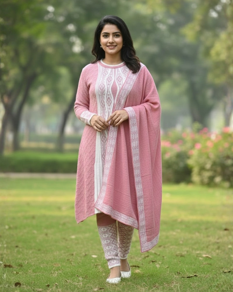 Full Sleeve Knee Length Hair Wool Fabric Onion Color 3 PC Kurti Set For Women