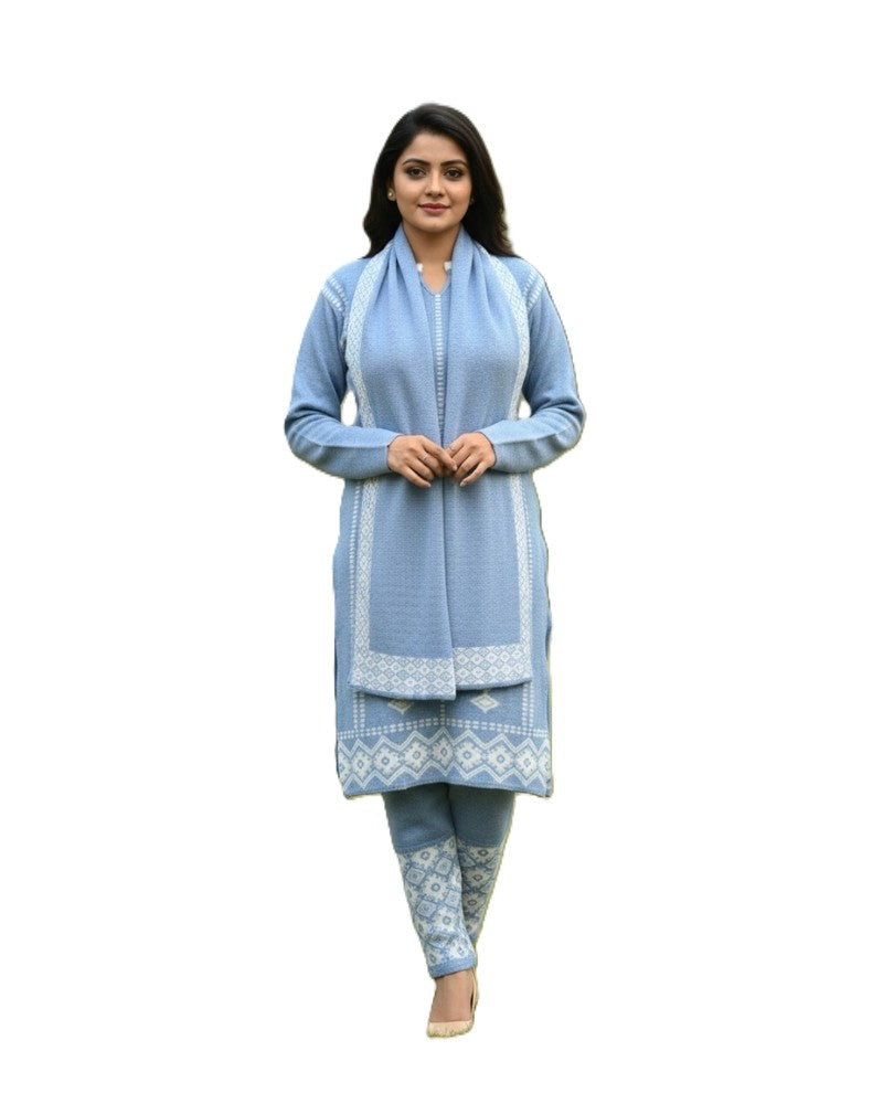 Premium 3-Piece Woolen Winter Kurti Set | Woven Kurta with Bottom & Stole | M-XXL Size
