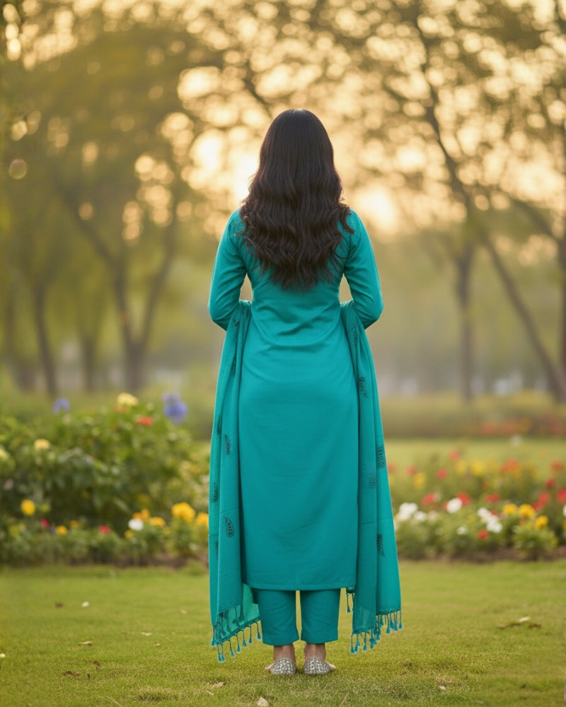 KRITI ऊनी कढ़ाई वाला सिला हुआ सूट फिरोजी रंग महिलाओं के लिए सर्दियों के लिए