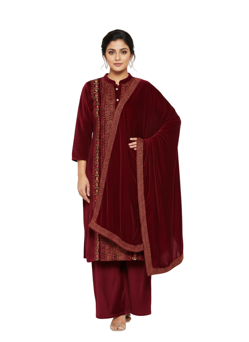 KRITI विंटर वेलवेट 3 पीस कढ़ाई वाली कुर्ती सेट मैरून रंग महिलाओं के लिए
