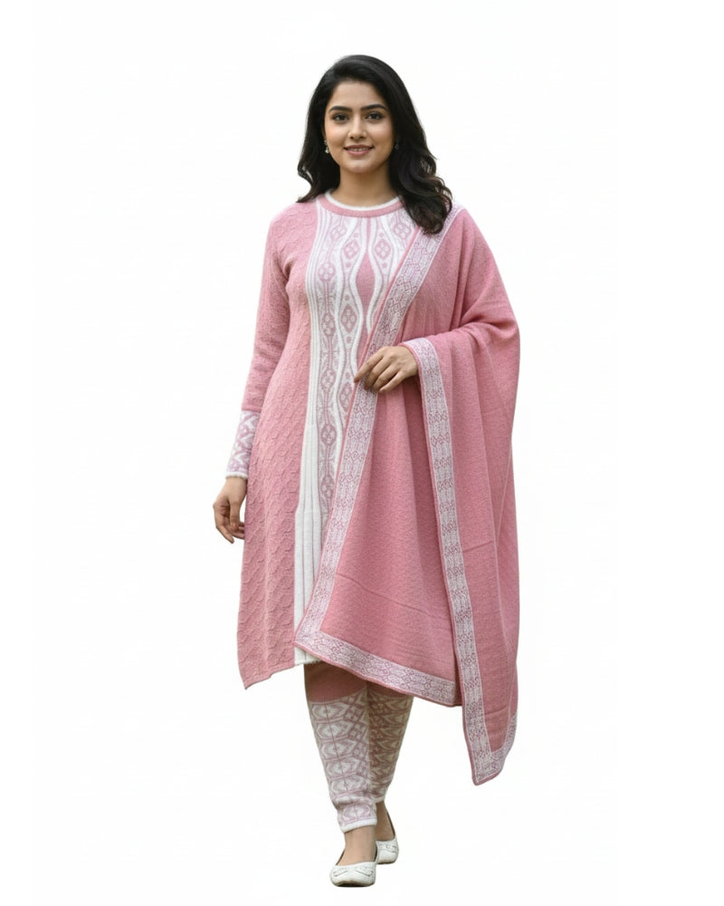 Full Sleeve Knee Length Hair Wool Fabric Onion Color 3 PC Kurti Set For Women