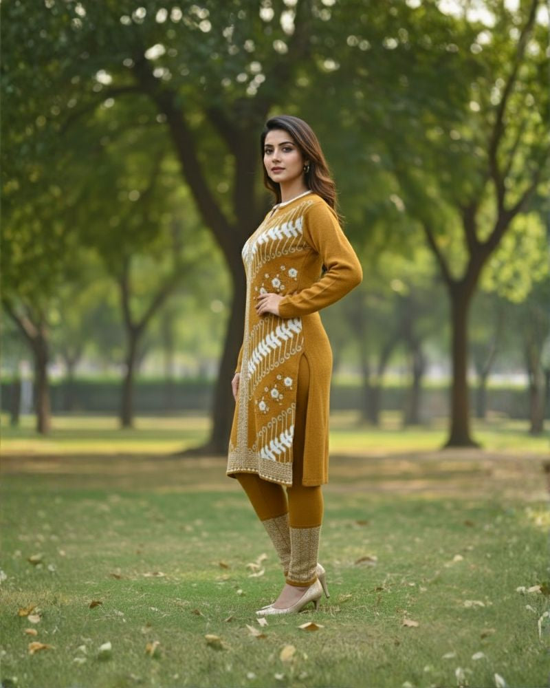 प्रीमियम 3-पीस ऊनी विंटर कुर्ती सेट | बॉटम और स्टोल के साथ बुना हुआ कुर्ता | M-XXL साइज़