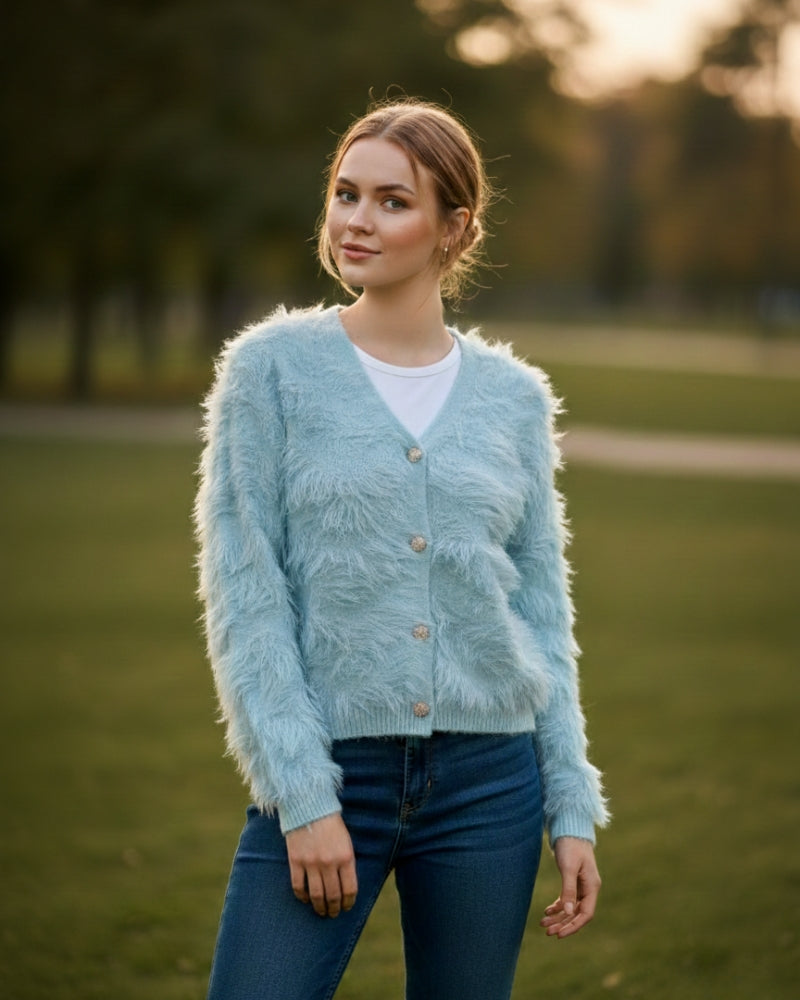 Women's Open Front Woolen Fluffy Top | Sky Blue Oversized Fuzzy Shaggy Top | Long Sleeve & Loose Fit