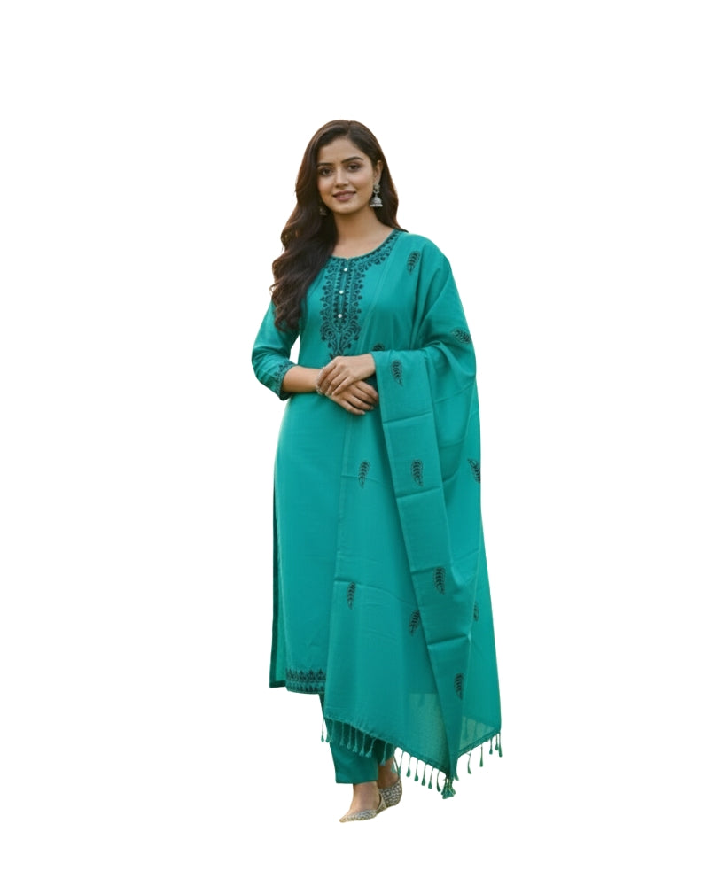 KRITI ऊनी कढ़ाई वाला सिला हुआ सूट फिरोजी रंग महिलाओं के लिए सर्दियों के लिए