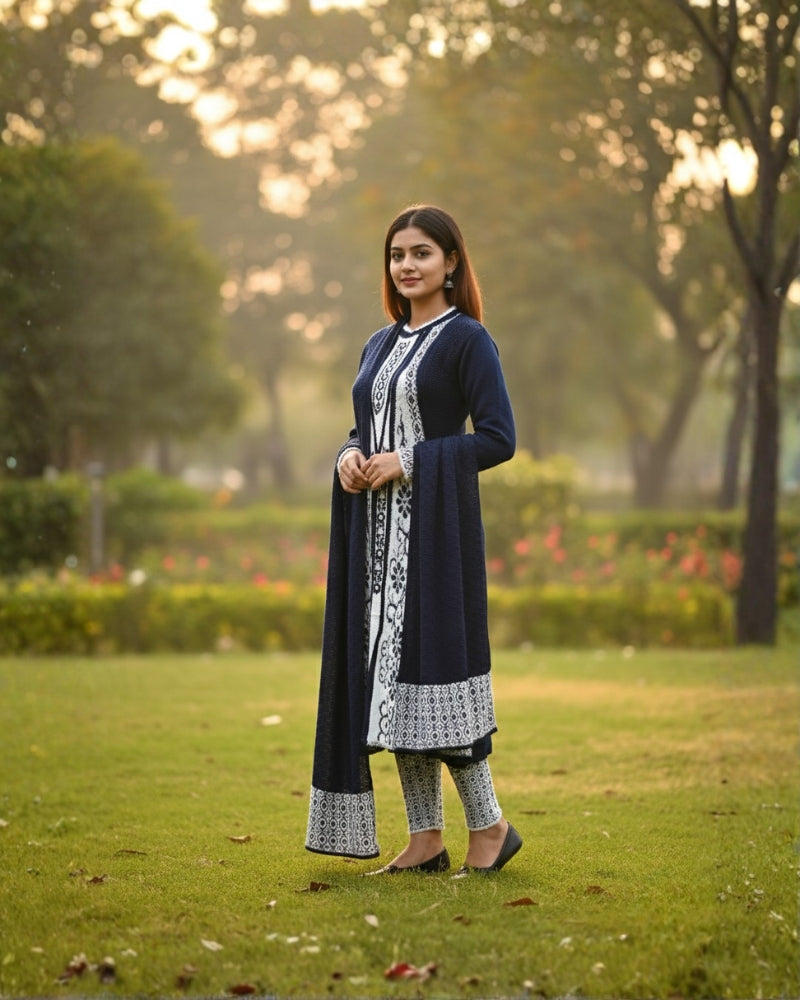 KRITI विंटर एम्ब्रॉयडरी 3 पीस कुर्ती सेट नेवी कलर महिलाओं के लिए