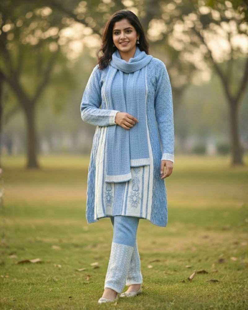 Full Sleeve Knee Length Woolen Fabric 3 PC Kurti - SkyBlue