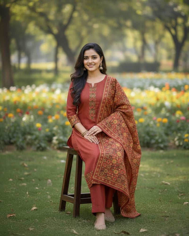 KRITI Winter Woolen Unstitched Suit Orange Color For Women