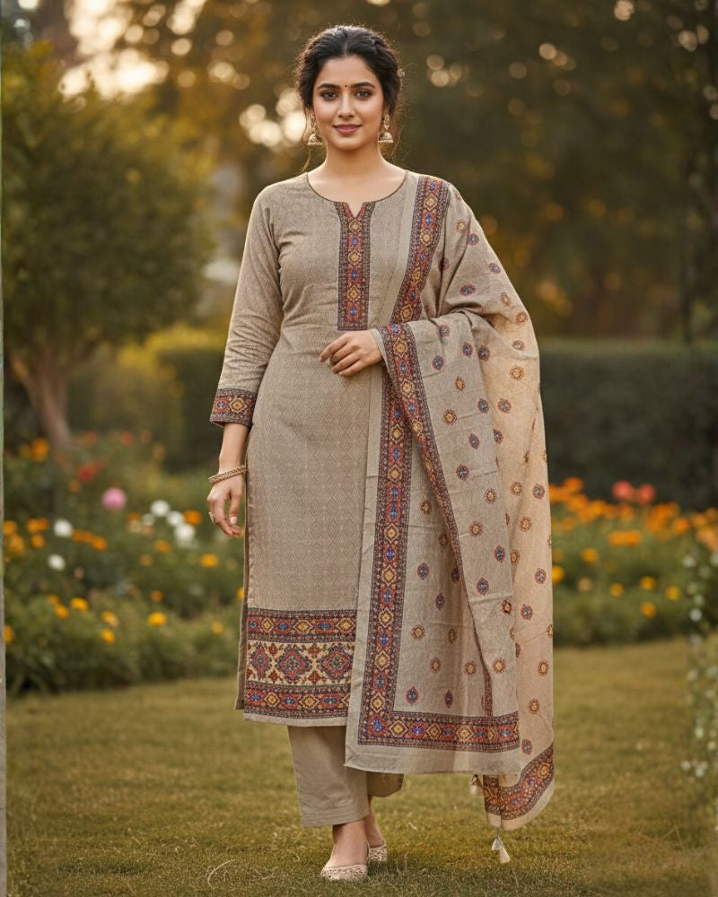 KRITI Women's Digital Print Woolen Camel Color Unstitched Fabric Suit Set Winterwear