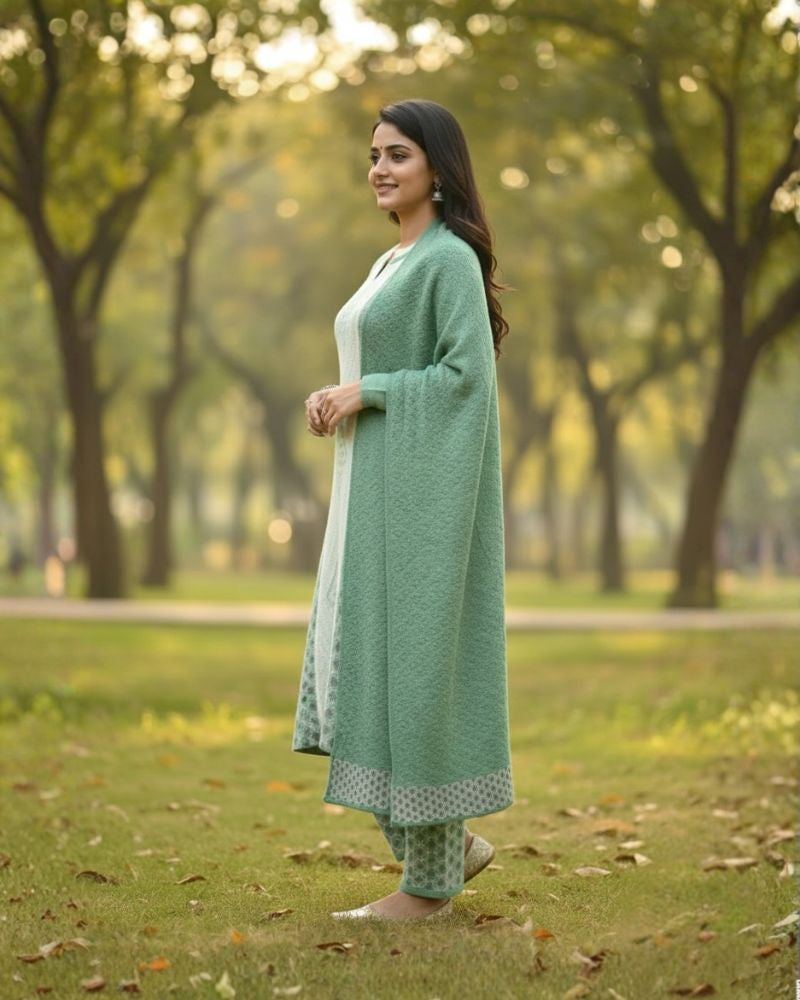 प्रीमियम 3-पीस ऊनी विंटर कुर्ती सेट | बॉटम और स्टोल के साथ बुना हुआ कुर्ता | M-XXL साइज़