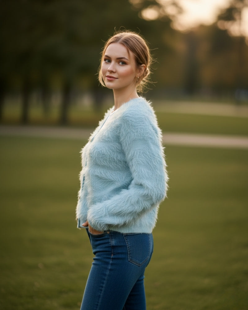 Women's Open Front Woolen Fluffy Top | Sky Blue Oversized Fuzzy Shaggy Top | Long Sleeve & Loose Fit